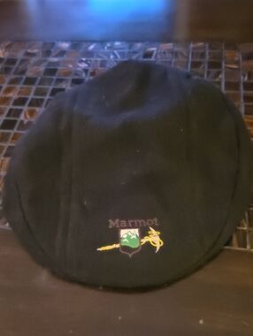 Marmot Vintage Black Flat Cap with Green & Yellow Crest Embroidery